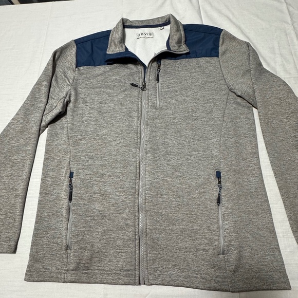 men grey blue jacket brand orvis size m zipper down pocket bothside zipper - Picture 1 of 6